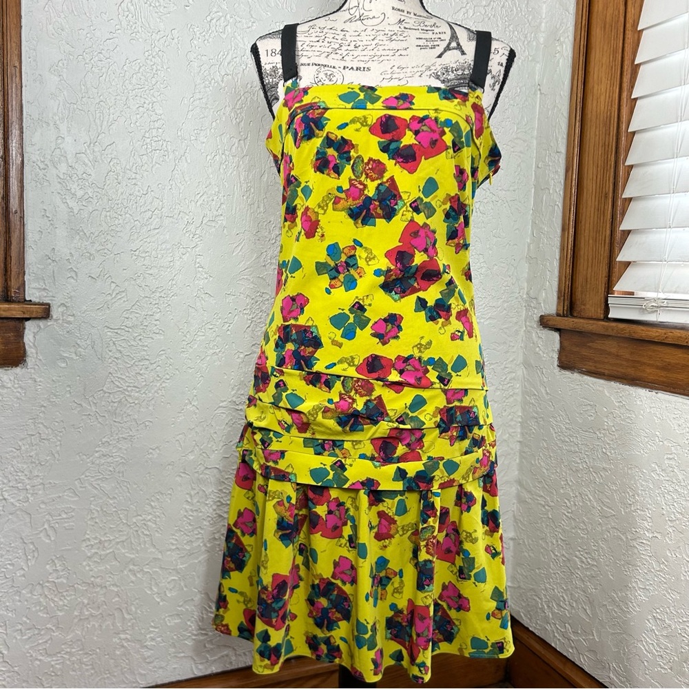 Rachel Rachel Roy Chartreuse Yellow Floral Drop Waist Ruffle Mini Dress Size 8